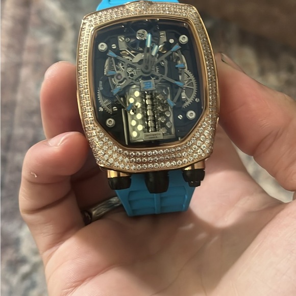 Gold and Blue Skeleton Watch with Crystal Accents